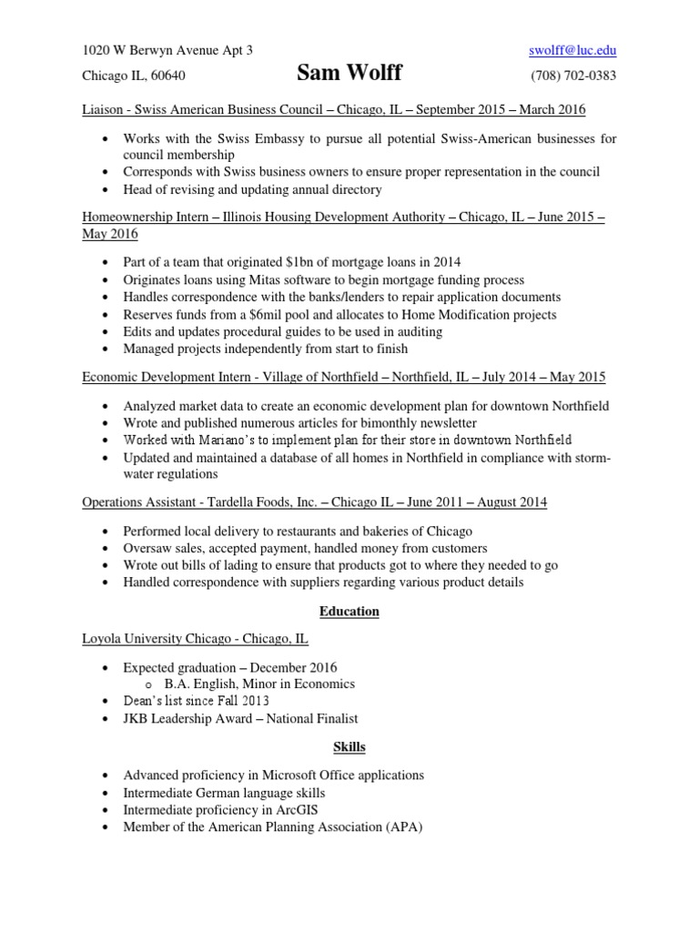 Sam Wolff's Professional Experience Resume | PDF