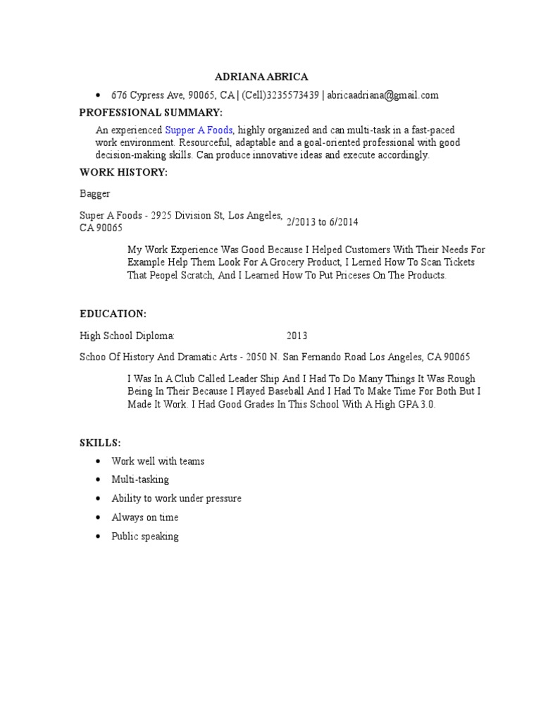 Experienced Bagger at Super A Foods | PDF
