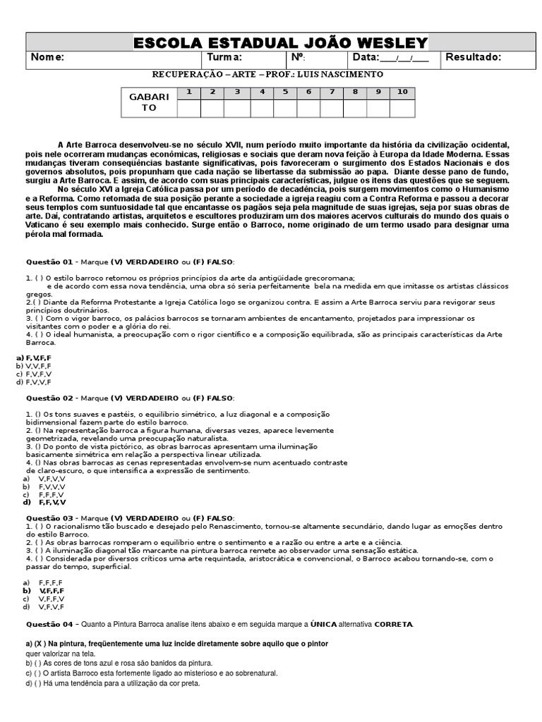 Arte Barroca Atividades Ensino Medio Com Gabarito