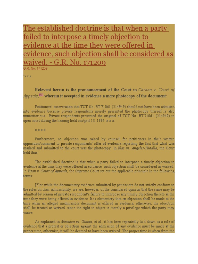 The Established Doctrine Is That When A Party Failed To Interpose A ...