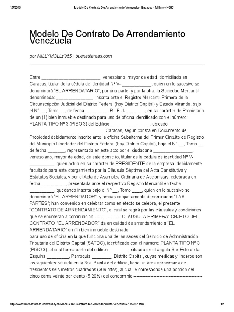 Modelo de Contrato de Arrendamiento Venezuela Ensayos