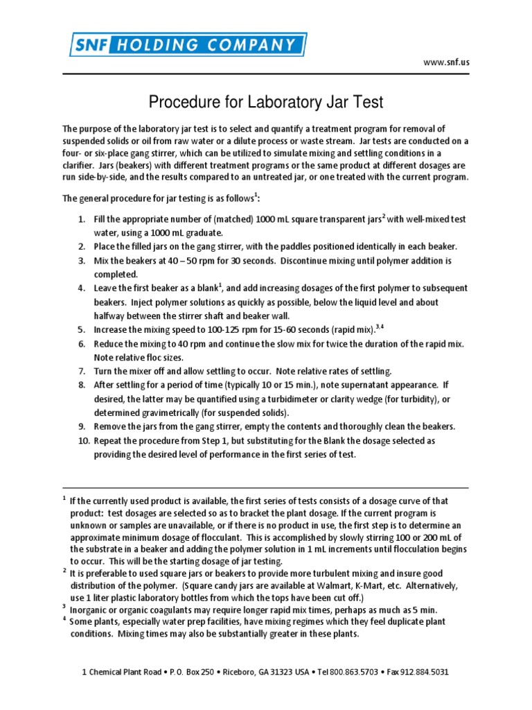 Procedure For Laboratory Jar Test PDF Environmental Engineering