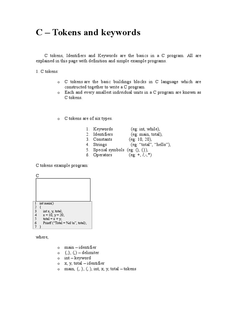 C - Tokens and Keywords | PDF | C (Programming Language) | Computer ...