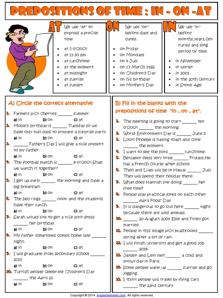 Prepositions of time in on at esl grammar exercises worksheet