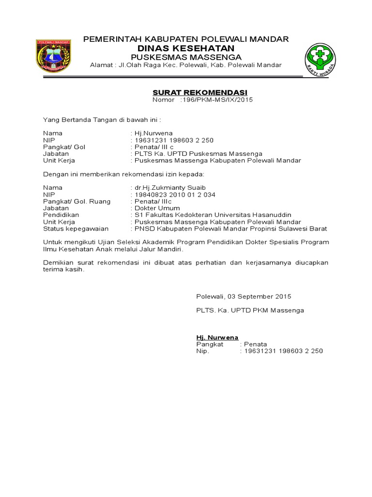Surat Rekomendasi Puskesmas