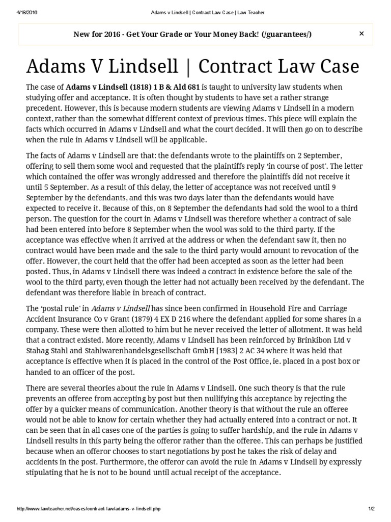 Adams V Lindsell Contract Law Case Law Teacher PDF