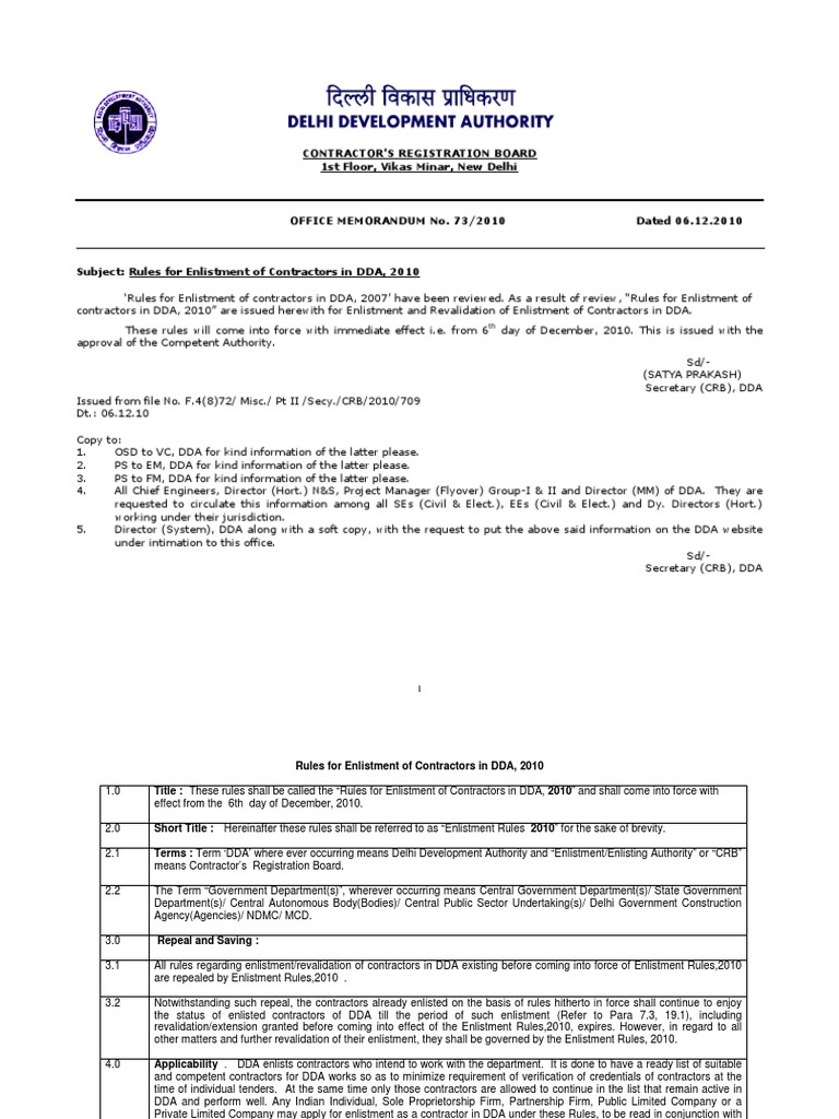 DDA Contractor Enlistment Rules 2010 | PDF | Partnership | Notary Public