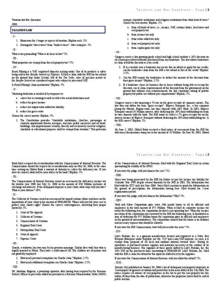 Taxation Law Bar Questions 06-14 | PDF | Taxation In The United States ...