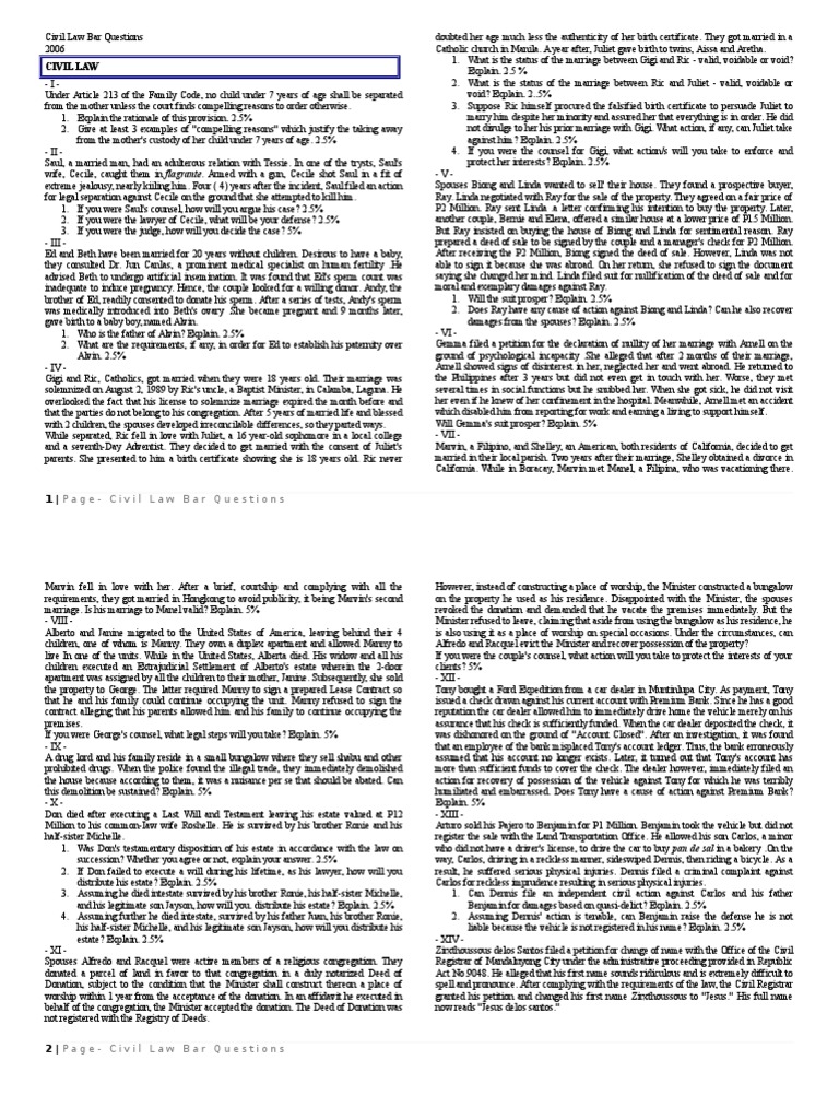 Civil Law Bar Questions 0614 PDF Will And Testament Foreclosure
