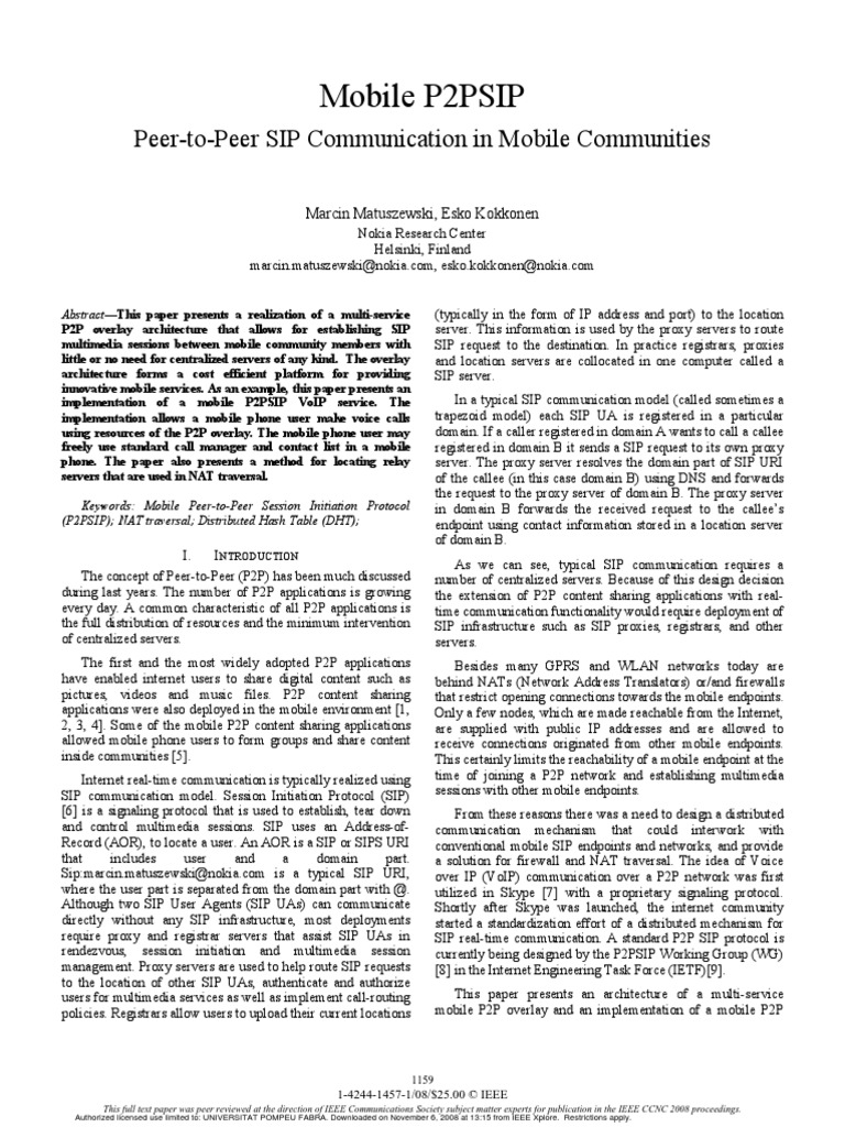 Mobile P2PSIP: Peer-to-Peer SIP Communication in Mobile Communities ...