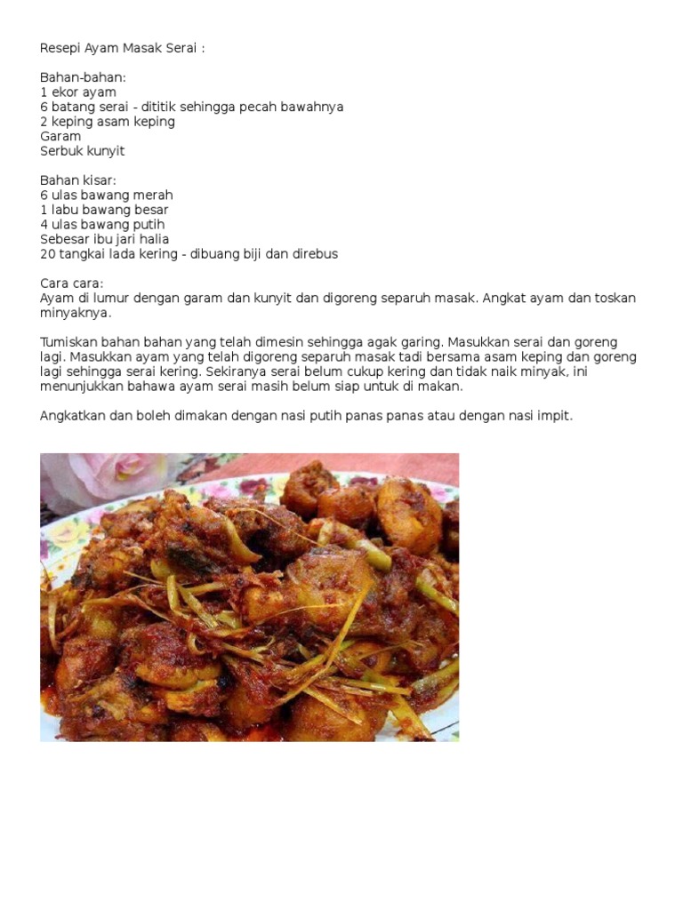 Resepi Ayam Masak Serai Pdf Food Ingredients Asian Cuisine