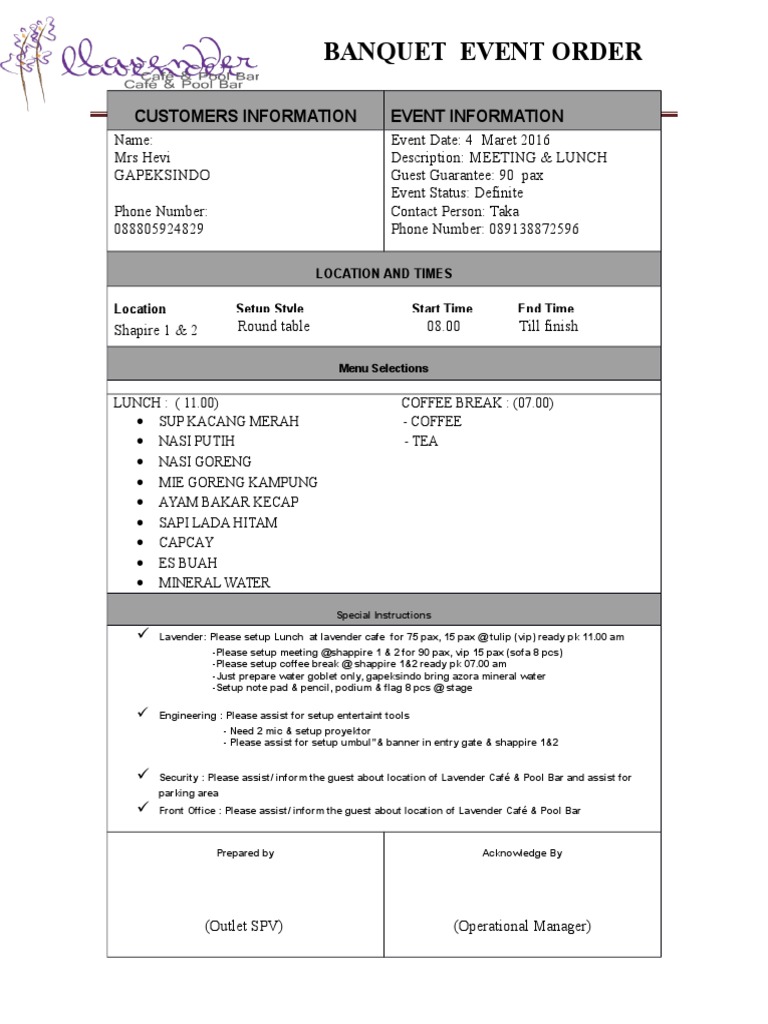 Banquet Event Order: Customers Information Event Information | PDF