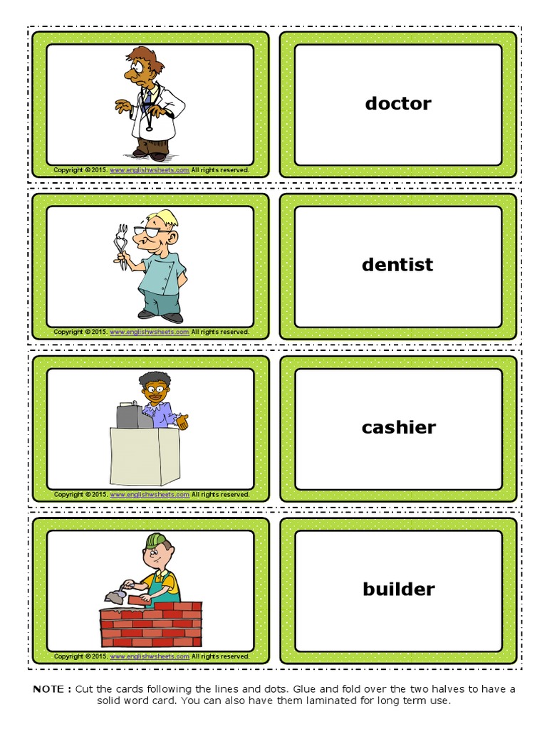 Jobs Esl Vocabulary Game Cards for Kids  All Rights Reserved  Civil