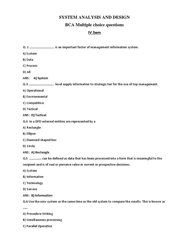 BCA System Analysis MCQs for IV Sem | PDF | Feasibility Study ...