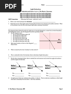 Worksheet On Refraction | PDF | Refraction | Light