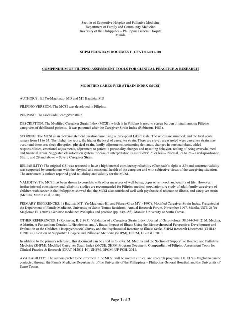 Assessment of Caregiver Burden: The Modified Caregiver Strain Index