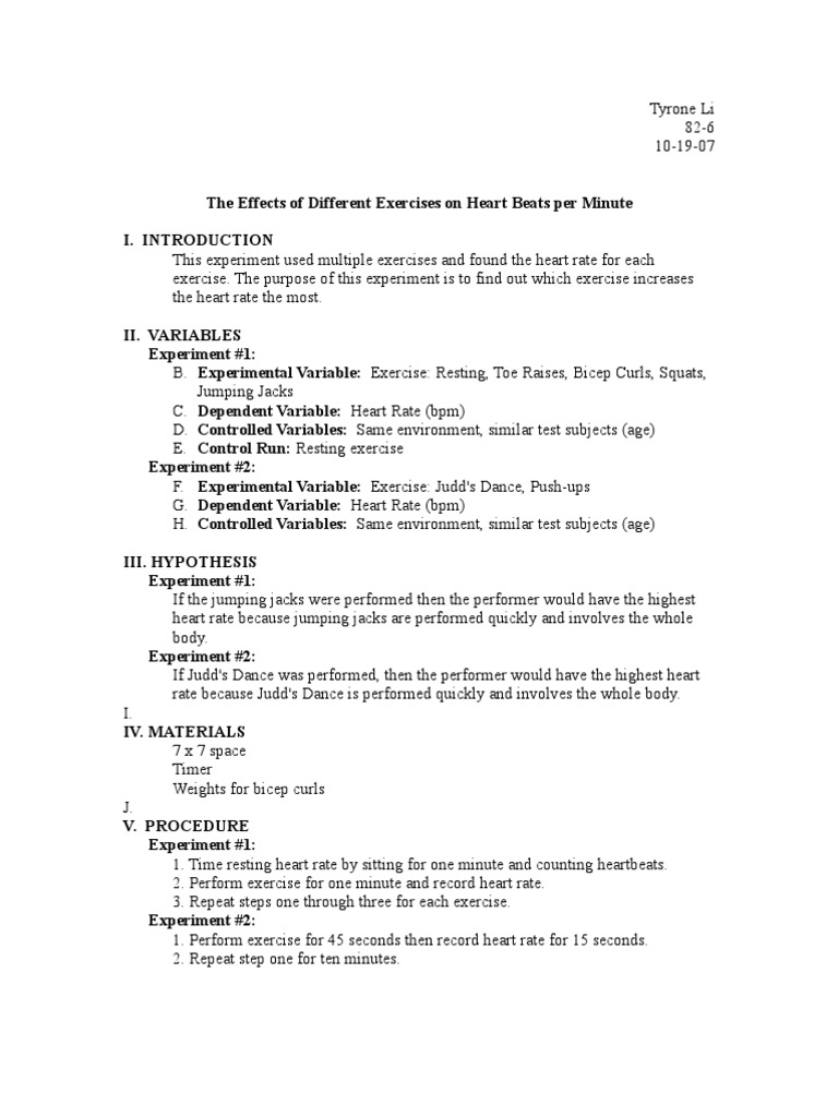 Heart Rate Report Heart Rate Experiment