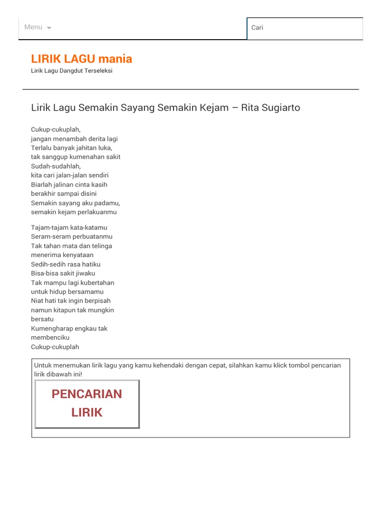 Lirik Lagu Semakin Sayang Semakin Kejam Rita Sugiarto Lirik Lagu Mania