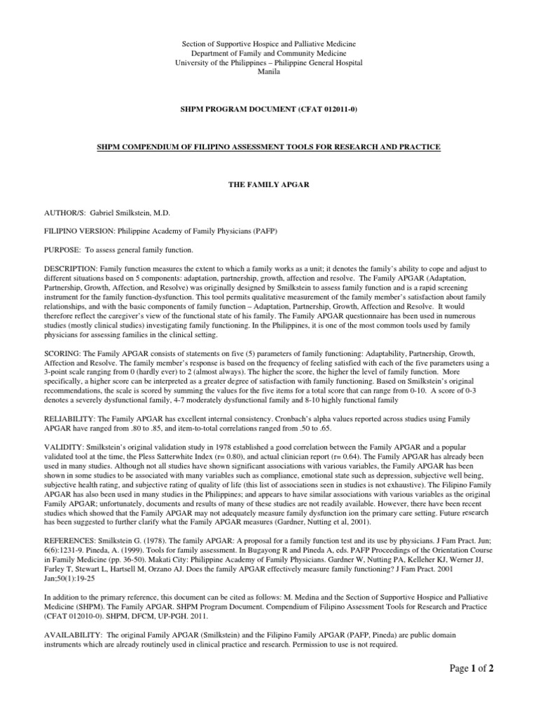 Family APGAR Assessment Tool Overview | PDF | Quality Of Life | Psychology