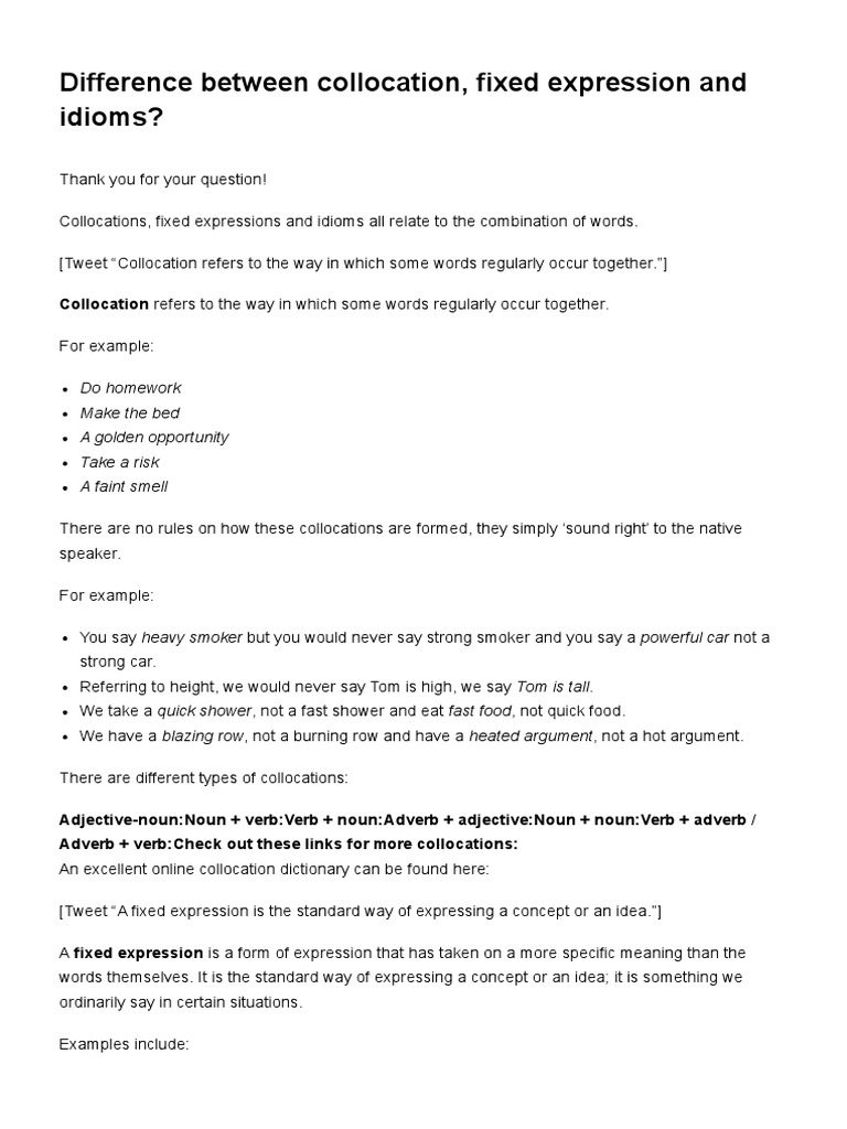 Difference Between Collocation Fixed Expression And Idioms Pdf