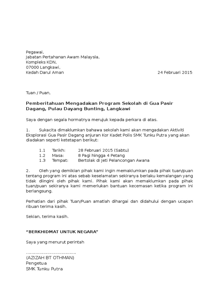 Surat Makluman Kepada Jpam Tentang Aktiviti Sekolah Pdf