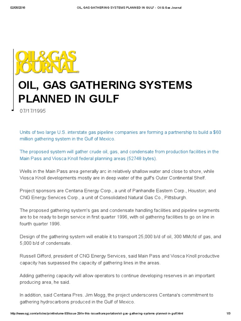 Oil, Gas Gathering Systems Planned in Gulf Oil & Gas Journal