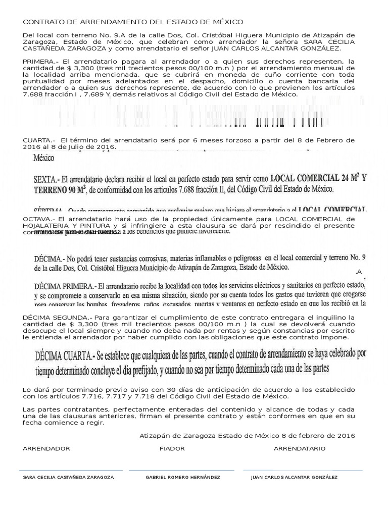 Contrato de Arrendamiento Del Estado de México Alquiler