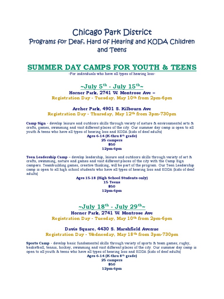 Chicago Park District Summer Camps For Deaf, Hard of Hearing and KODA