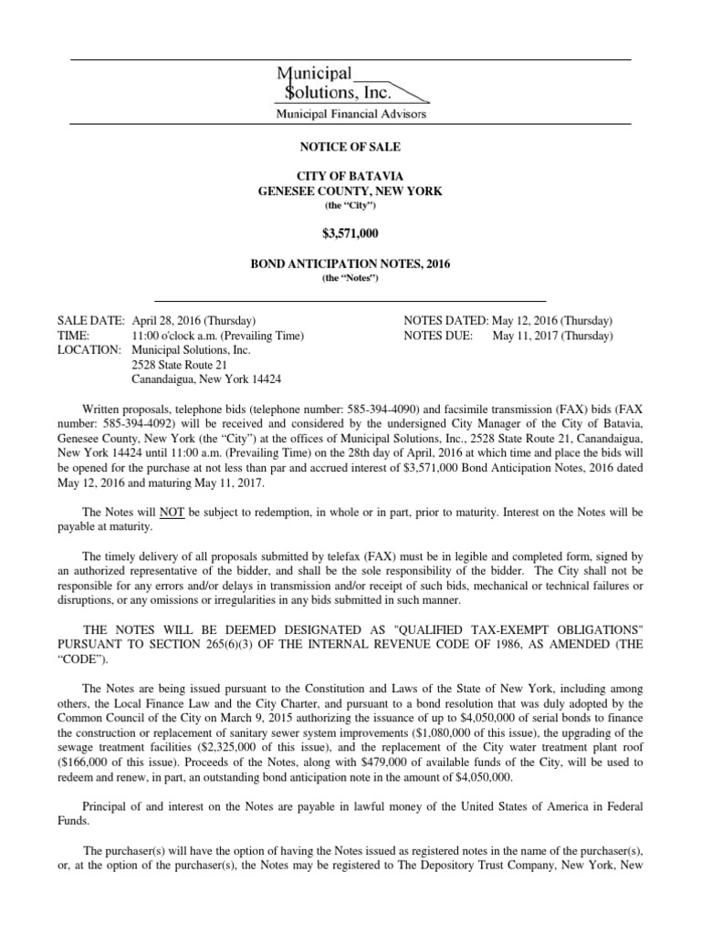 Notice of Sale City of Batavia Genesee County, New York PDF