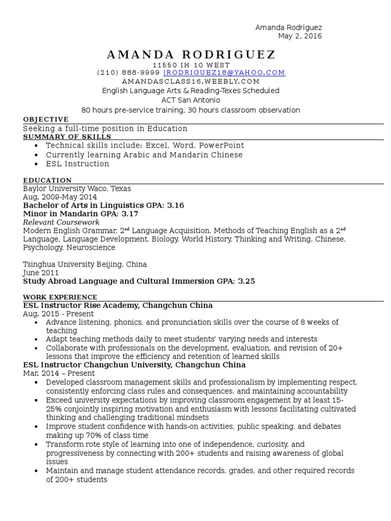 Education Resume English As A Second Or Foreign Language Teaching