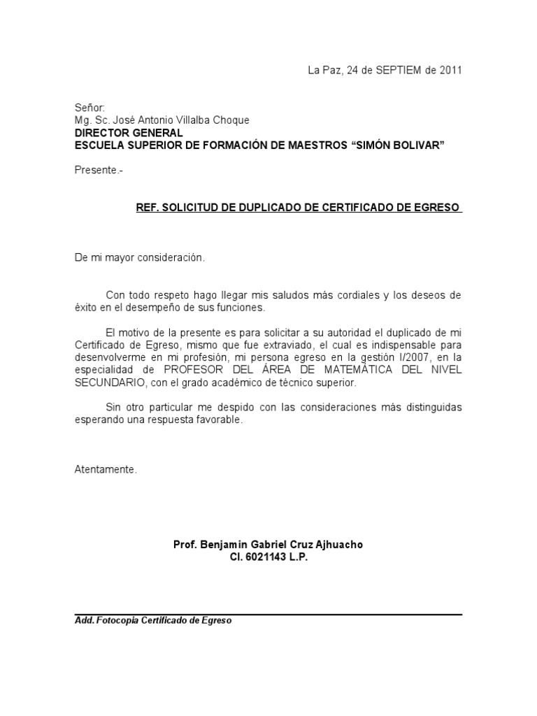 Solicitud de Duplicado de Certificado de