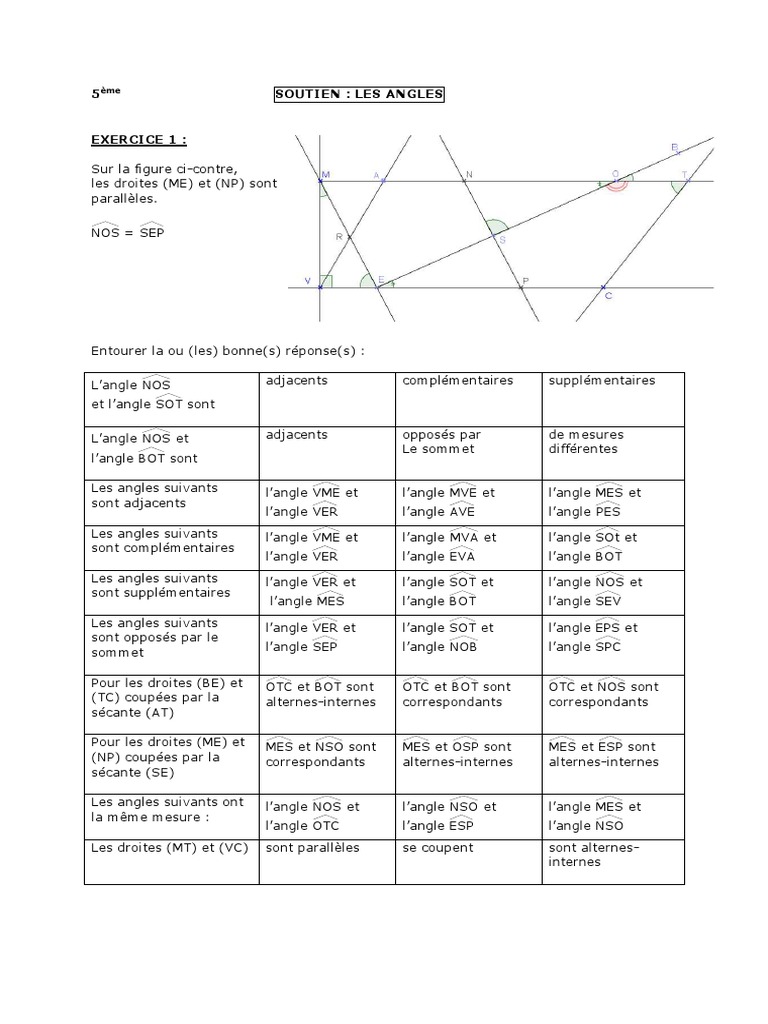 Evaluation Sur Les Angles 5ème Avec Correction 5eme Soutien No22 Les Angles | PDF | Angle | Géométrie