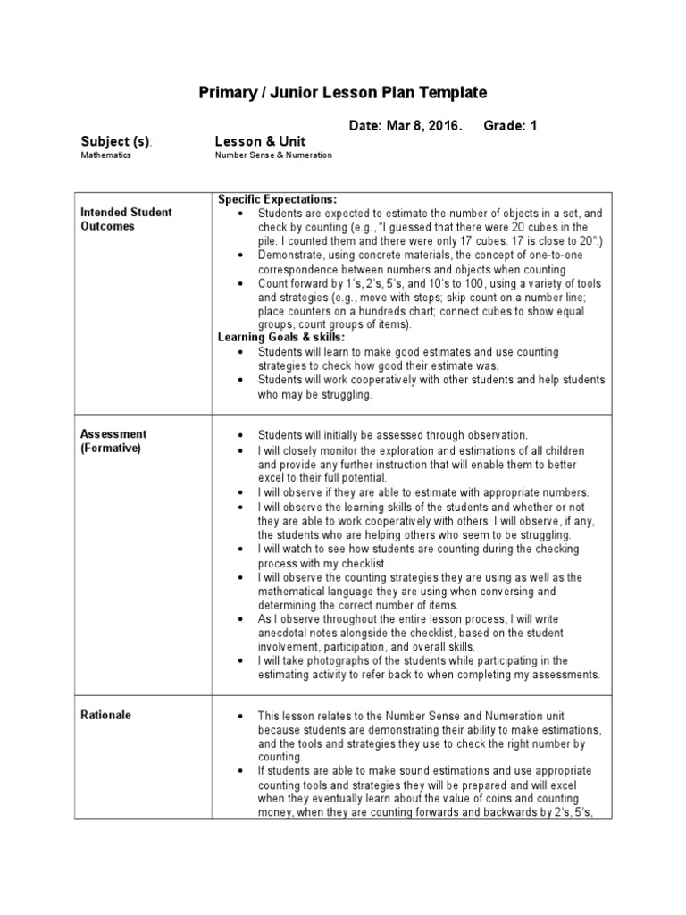 Primary / Junior Lesson Plan Template: Date: Mar 8, 2016. Grade: 1 ...