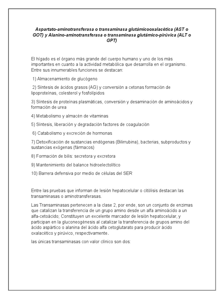 Transaminasas: AST y ALT en Hepatología | PDF | Transaminasa | Bioquímica