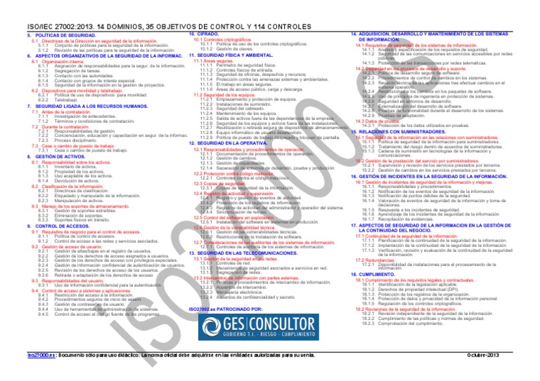 Listado de Controles ISO 27001 2013 PDF | PDF | Seguridad de ...