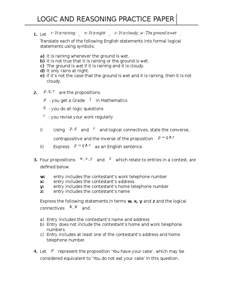 Logic and Reasoning Practice Paper | PDF | Proposition | Logic