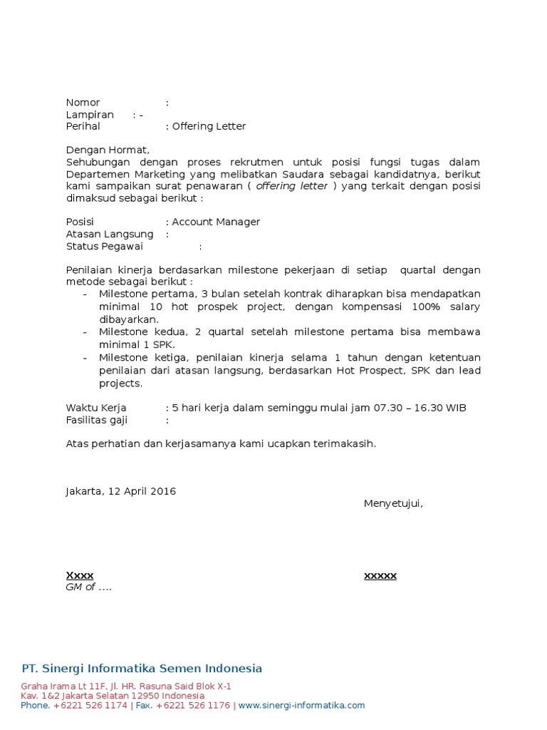 Contoh Surat Offer Letter Kerja Kursus - IMAGESEE