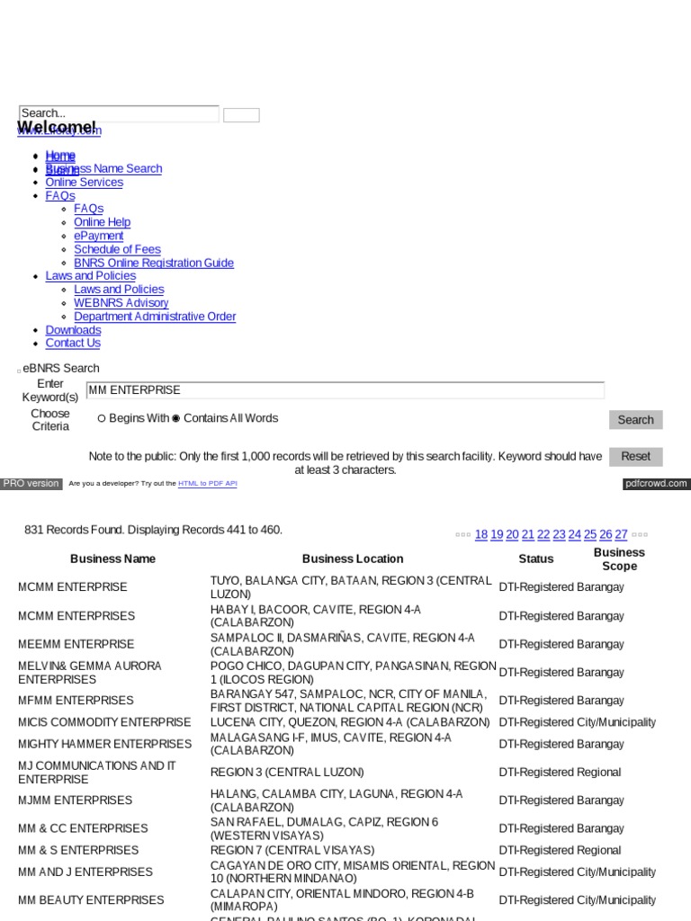 DTI BNRS - Business Name Search | PDF | Metro Manila | Philippines