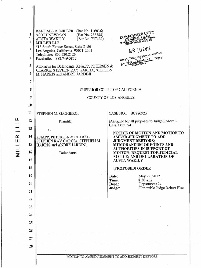 Motion to Amend Judgment Points & Authorities Signed Piercing The Corporate Veil Trust Law