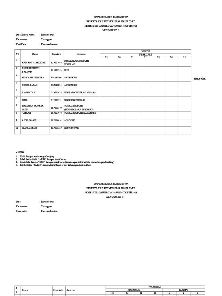 Format Daftar Hadir Mahasiswa KKN