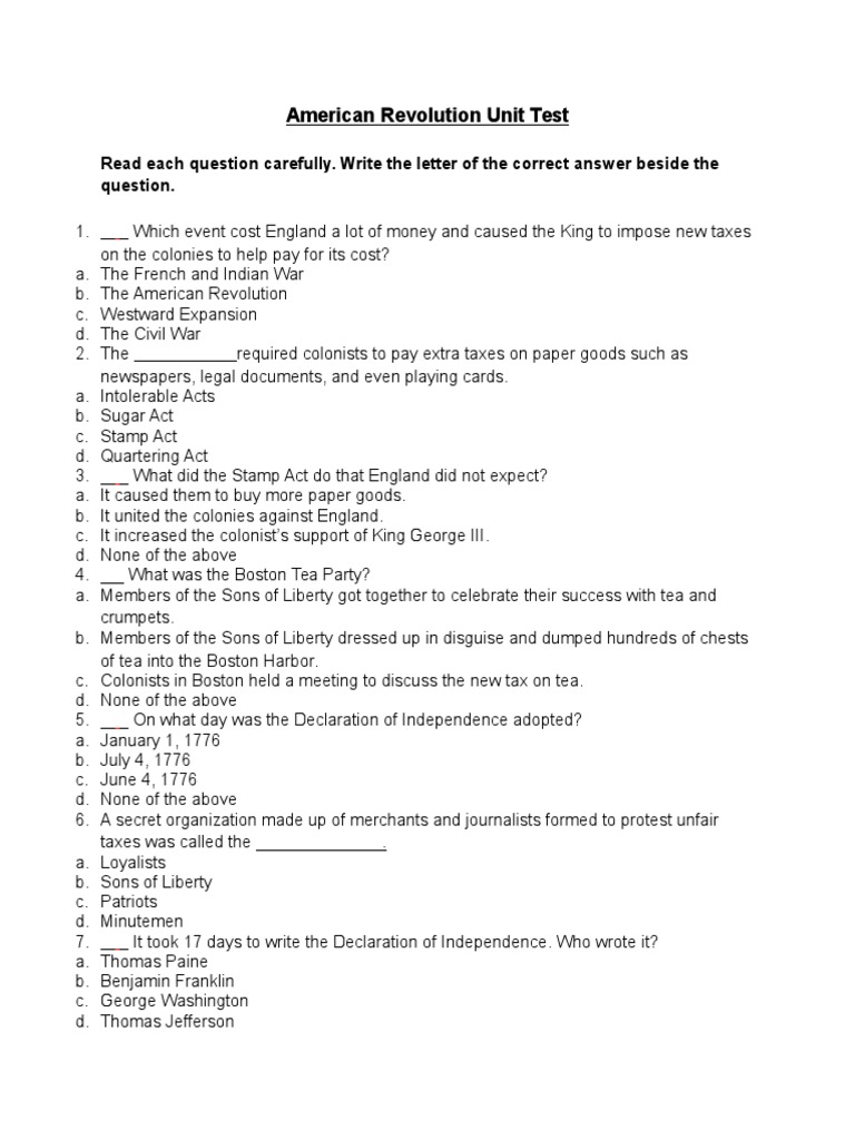 American Revolution Test Guide | PDF | American Revolution | American ...