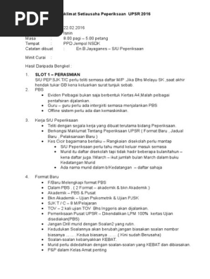 Minit Curai Taklimat Setiausaha Peperiksaan UPSR 2016  PDF