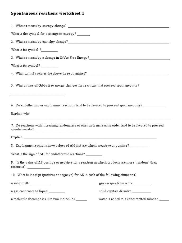 first spontaneous reactions worksheet | Chemical Reactions | Enthalpy
