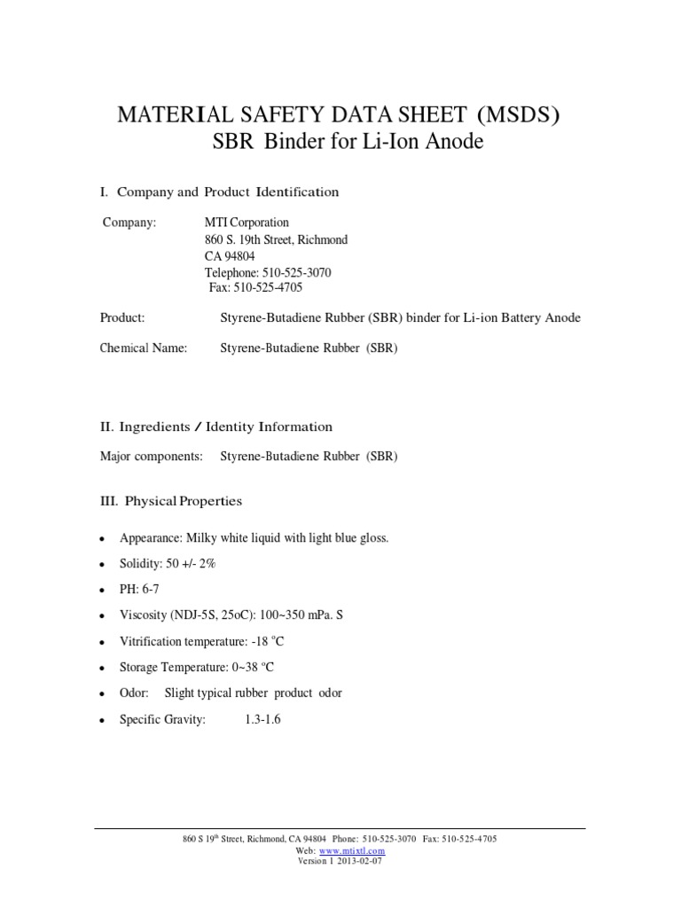 Msds SBR Binder PDF Chemical Substances Chemistry