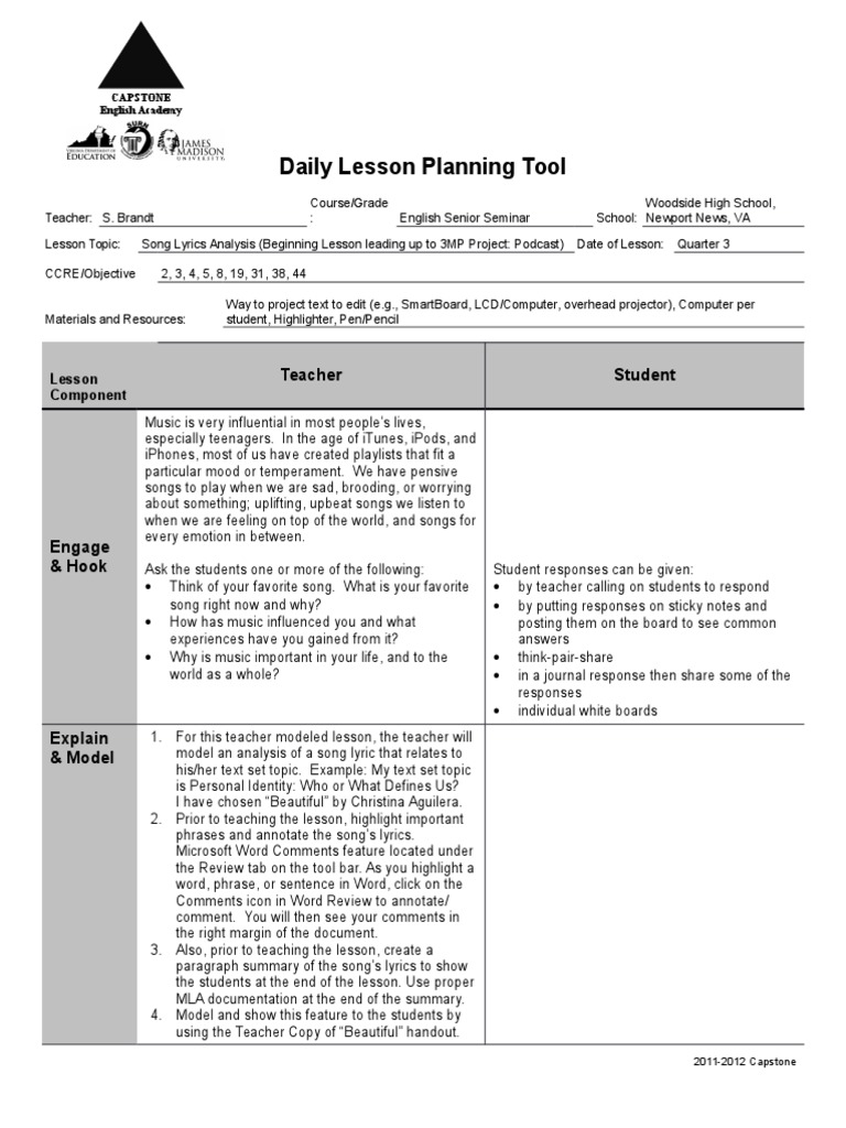 Song Lyrics Analysis Lesson PDF Microsoft Word Phrase