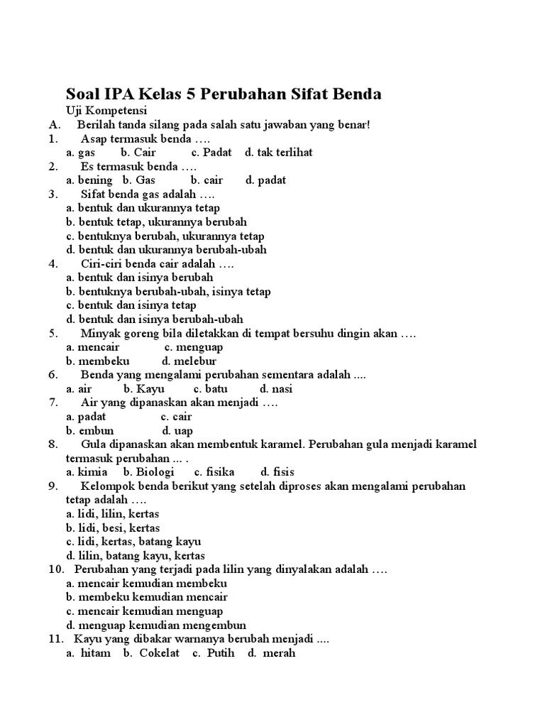 Latihan Soal Ipa Materi Dan Perubahannya Kelas 7