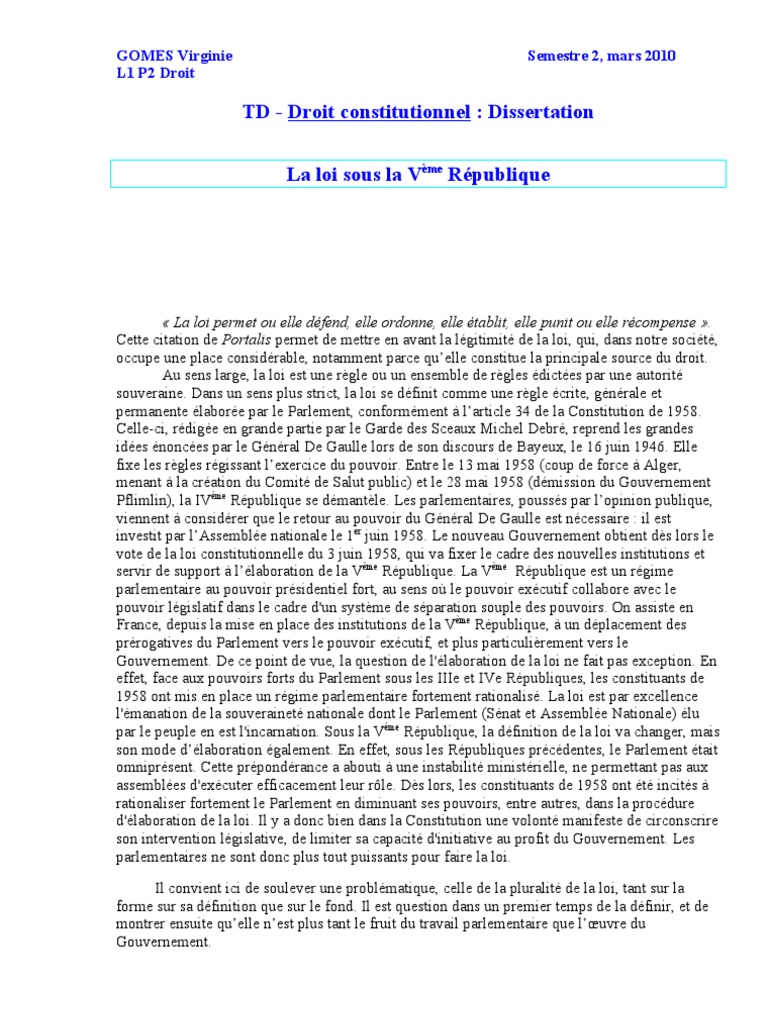 La Séparation Des Pouvoirs Sous La Vème République Dissertation La Loi Sous La Vème République | PDF | Loi | Constitution