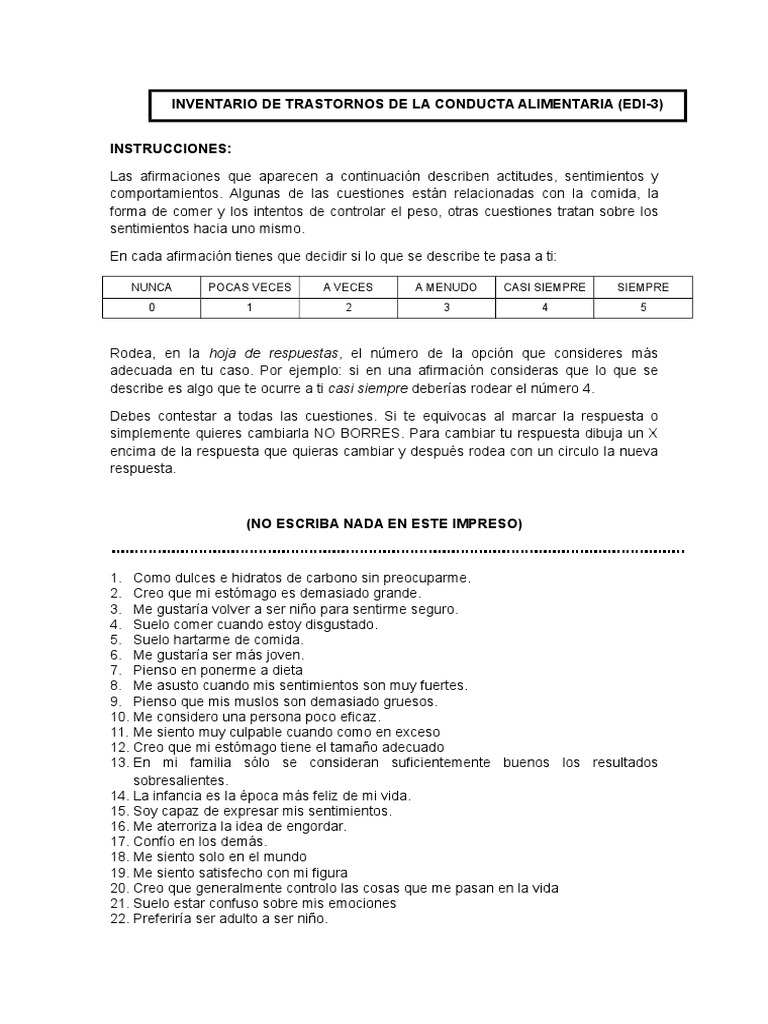 Cuestionario EDI-3 de Trastornos Alimentarios | PDF | Desorden ...