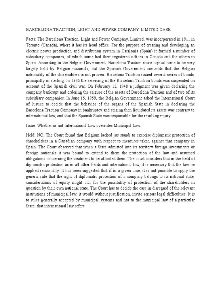 Barcelona Traction Case Spain Bankruptcy