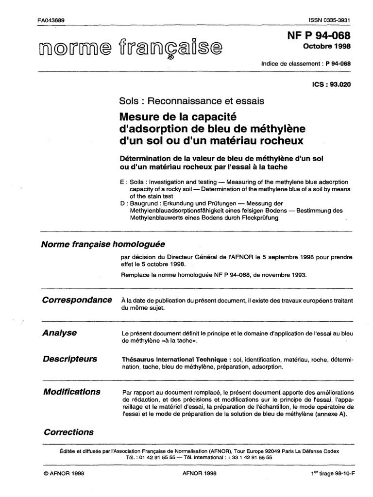 01.15 Azul De Metileno - Nf P 94-068 - 1998 | Pdf